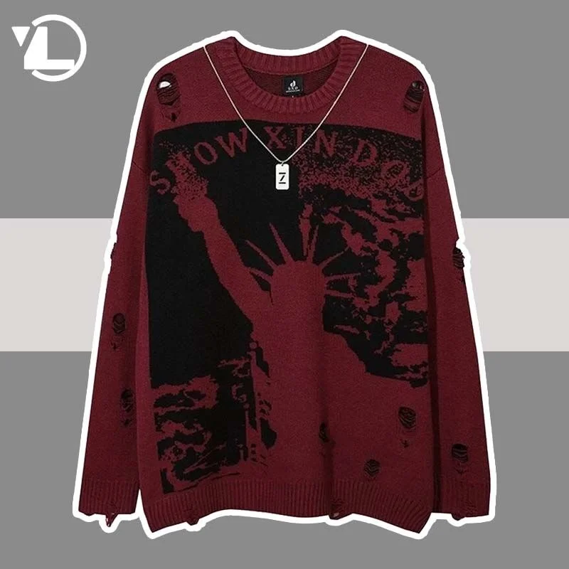 

Ripped Hip Hop Knitted Sweaters Men Priest Salvation Print Street Loose Harajuku Grim Reaper with Chain Pullover Jumper Pullover