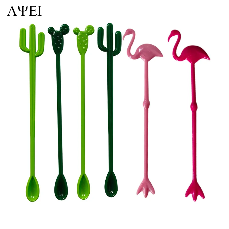 

6Pcs 21cm Cute Cocktail Drink Mixer Bar Cactus Coconut Ins Flamingo Muddler Stirring Mixing sticks Ladle Stirrer Swizzle Sticks