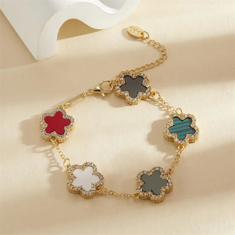 

Exquisite Five Leaves Flower Bracelets Fashion Korean Charm Double Sided Zircon Flowers Metal Bracelet for Women Party Jewelry