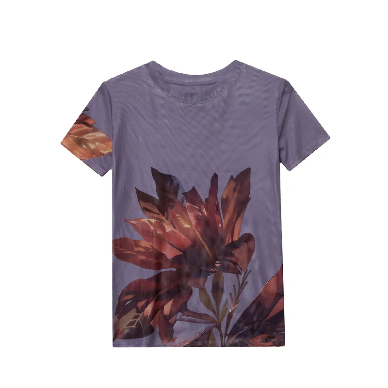 Женская футболка с круглым вырезом коротким рукавом и принтом в виде листьев