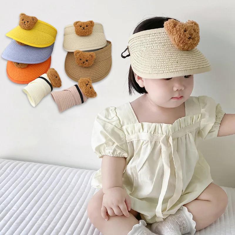 

Cute Bear Summer Baby Hats Beach Straw Baby Sun Hat for Boys Girls Visor Cap Folding Adjustable Infant Kids Travel Caps 6-24M
