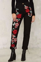 womens early spring and autumn new high waist color embroidery rose street net red womens denim straight pants new
