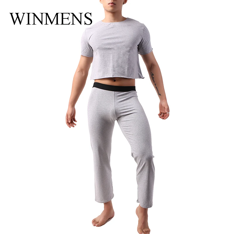 Men's Cotton Pajama Set Youth Midriff-baring Tops+Long Pants Loungewear Male Comfortable Homewear Causual Clothing For Gym