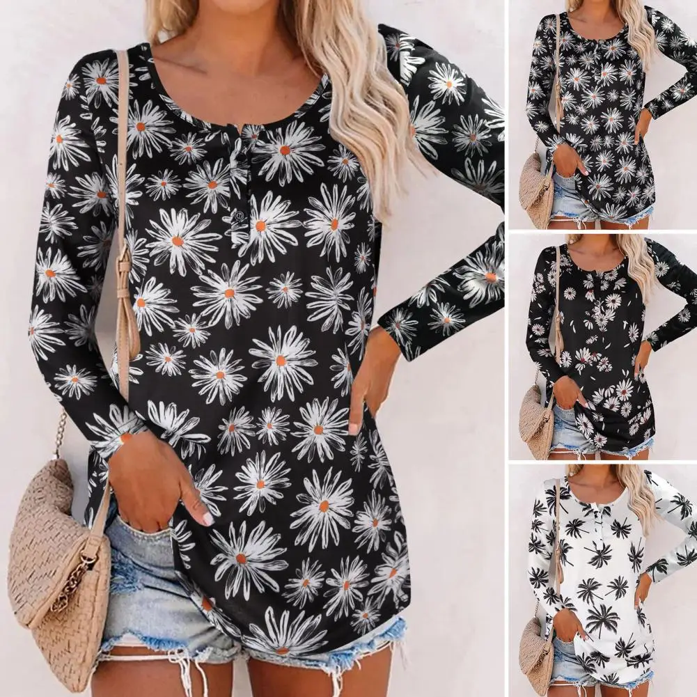 

O-Neck Long Sleeve Buttons Half Placket Women Blouse Autumn Coconut Tree Print Loose Fit Autumn Top Streetwear Roupas Femininas