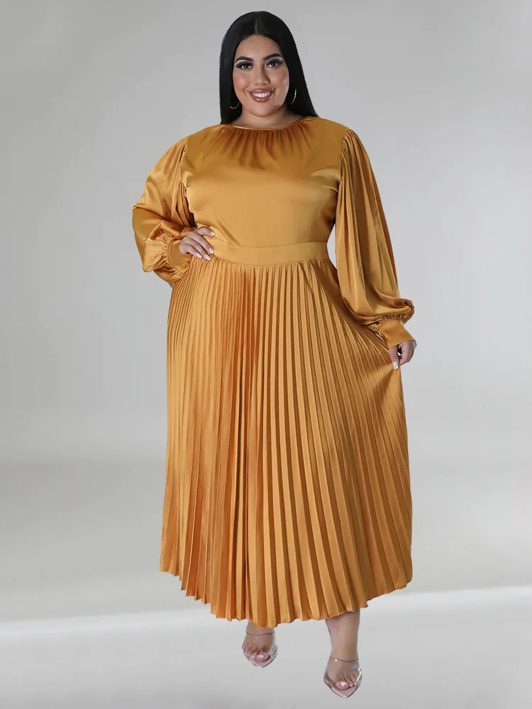 Plus Size Dresses for Women New Fall Clothes Solid o Neck Pleated Elegant Party Sweet Maxi Dress Whole 3xl 4xl 5xl 6xl