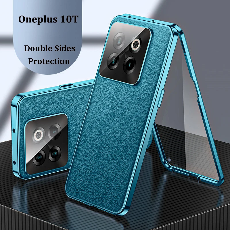 

360 Full Protection Case for Oneplus 10T CPH2415 Metal Bumper Clear Front Glass with Back PU Leather Hard Cover for Oneplus 10 T