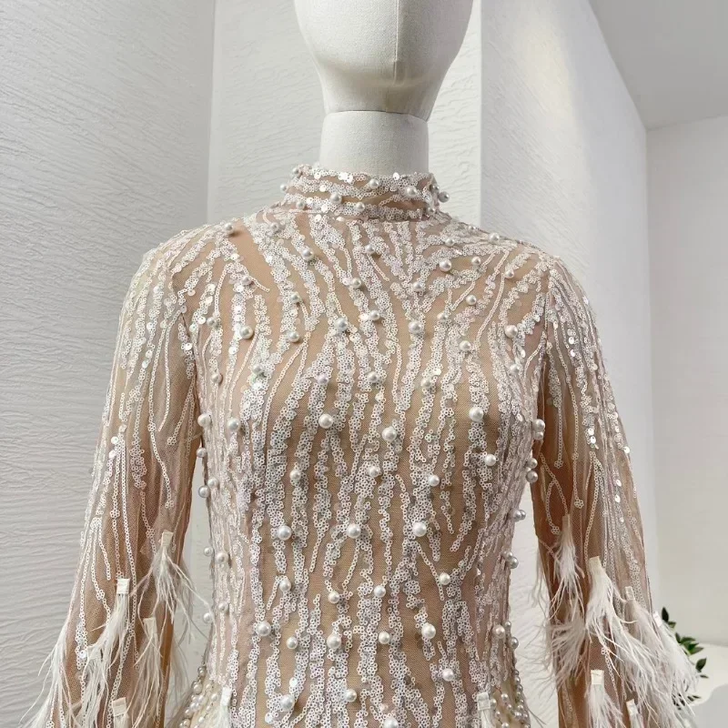 2024 новое летнее женское бежевое элегантное мини-платье с длинным рукавом и