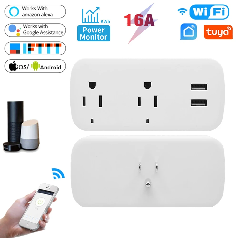 

16A US Tuya Smart WiFi Plug Socket 2 Outlets 2 USB Ports With Timing Smart Life APP Remote Control Works With Alexa Google Home
