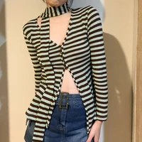 y2k 2021 spring and autumn new womens pure color slim fashion mid length v neck long sleeved cardigan strap t shirt women