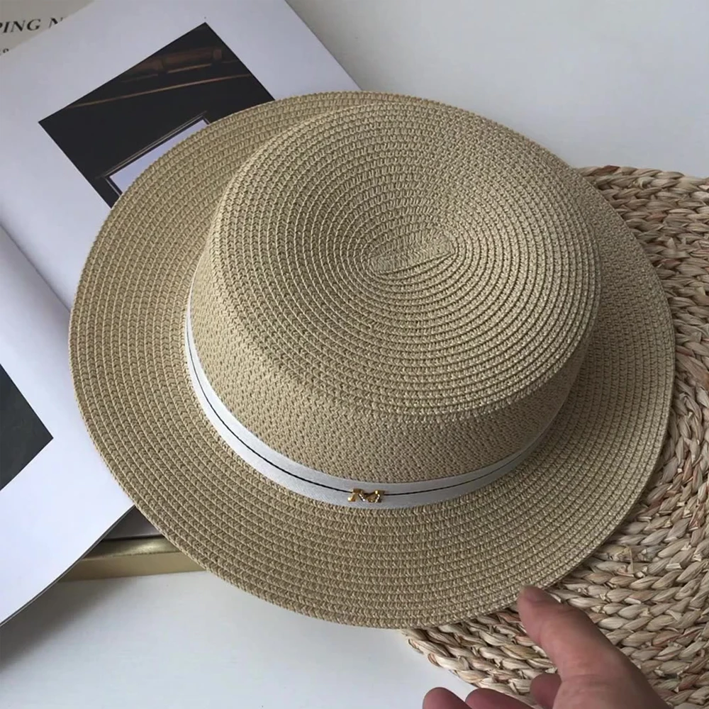 

Multi-Color Optional Straw Hat Ladies Flat Top M Letter Hat Outdoor Sunshade Anti-Ultraviolet Breathable Seaside Vacation