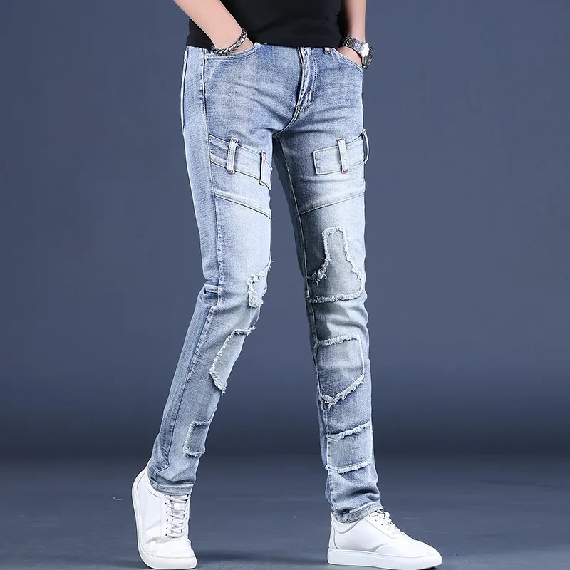Jeans Men 2023 Summer Fashion Light Blue Slim Fit Pencil Pants Streetwear Casual Cotton Patchwork Patches Denim Trousers