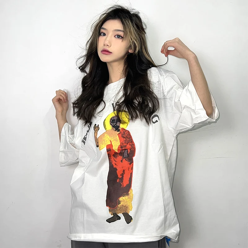 

Simple Chicago Limited King Jesus Round Neck Kapital T-shirt Kanye Couple's Same Style Summer Loose Print White Black Tees