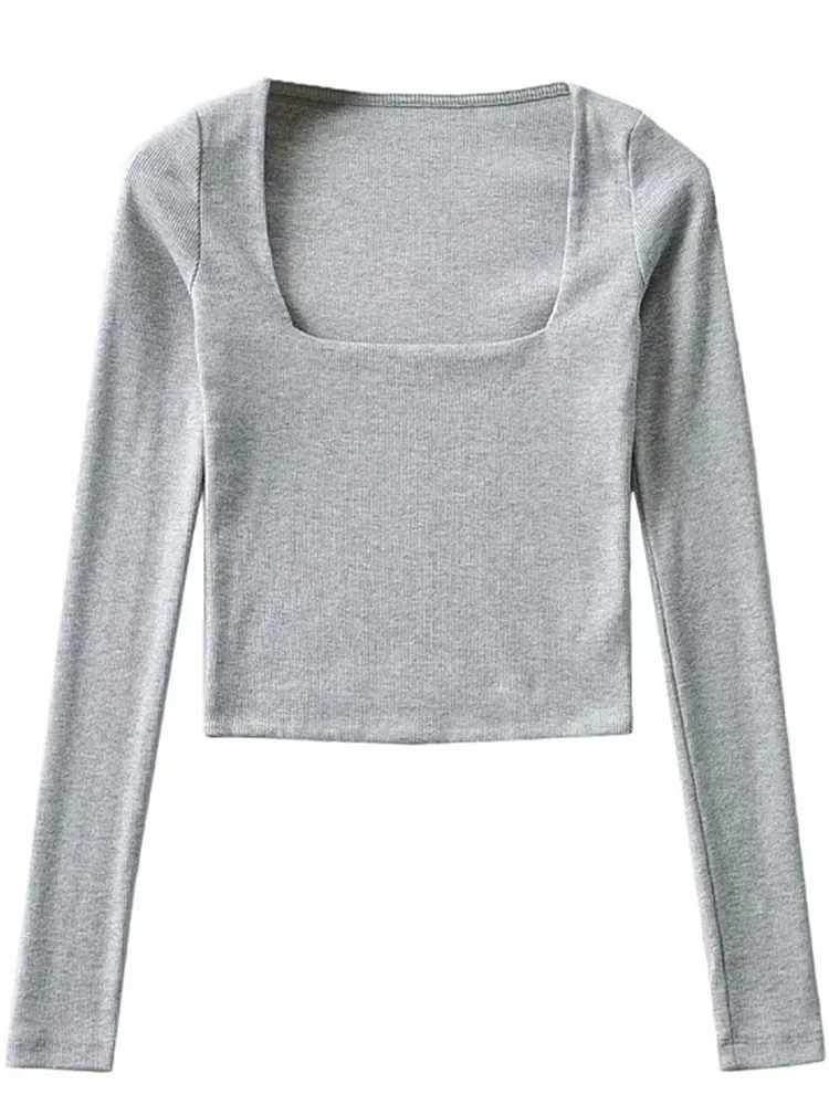 Women Cotton Ribbed Square Neck Crop Top With Long Sleeve