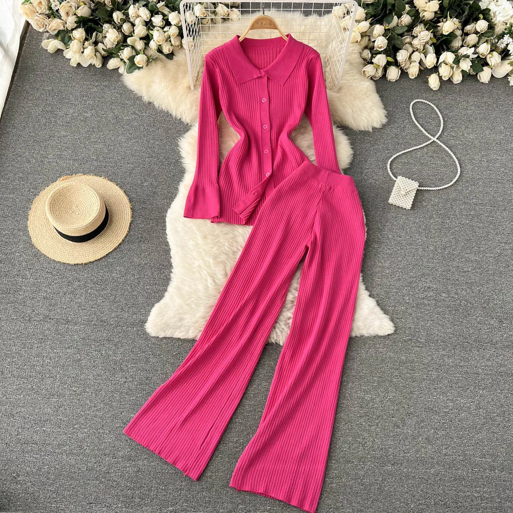 

Комплект из двух предметов, Женский облегающий костюм, свитер с расклешенным рукавом и расклешенные брюки, повседневный теплый вязаный костюм на осень и зиму