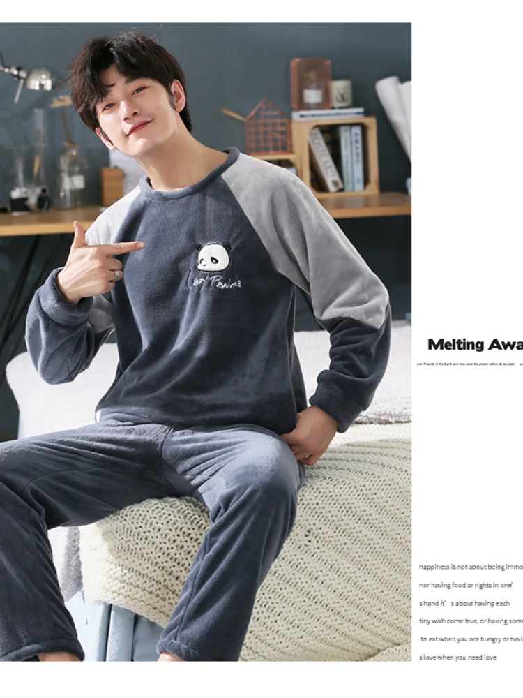 Long Sleeve Winter Thicken Warm Flannel Pajamas Sets Print Sleepwear Long Pant Male Men Pajama Set 3XL 4XL 5XL Men Nightwear