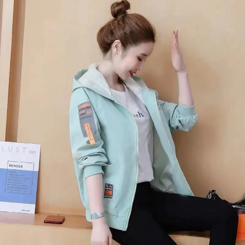 

2024 New Autumn Women's Jacket Windbreaker Female Long Sleeve Jackets Hooded Casual Basic Coat Loose Outerwear