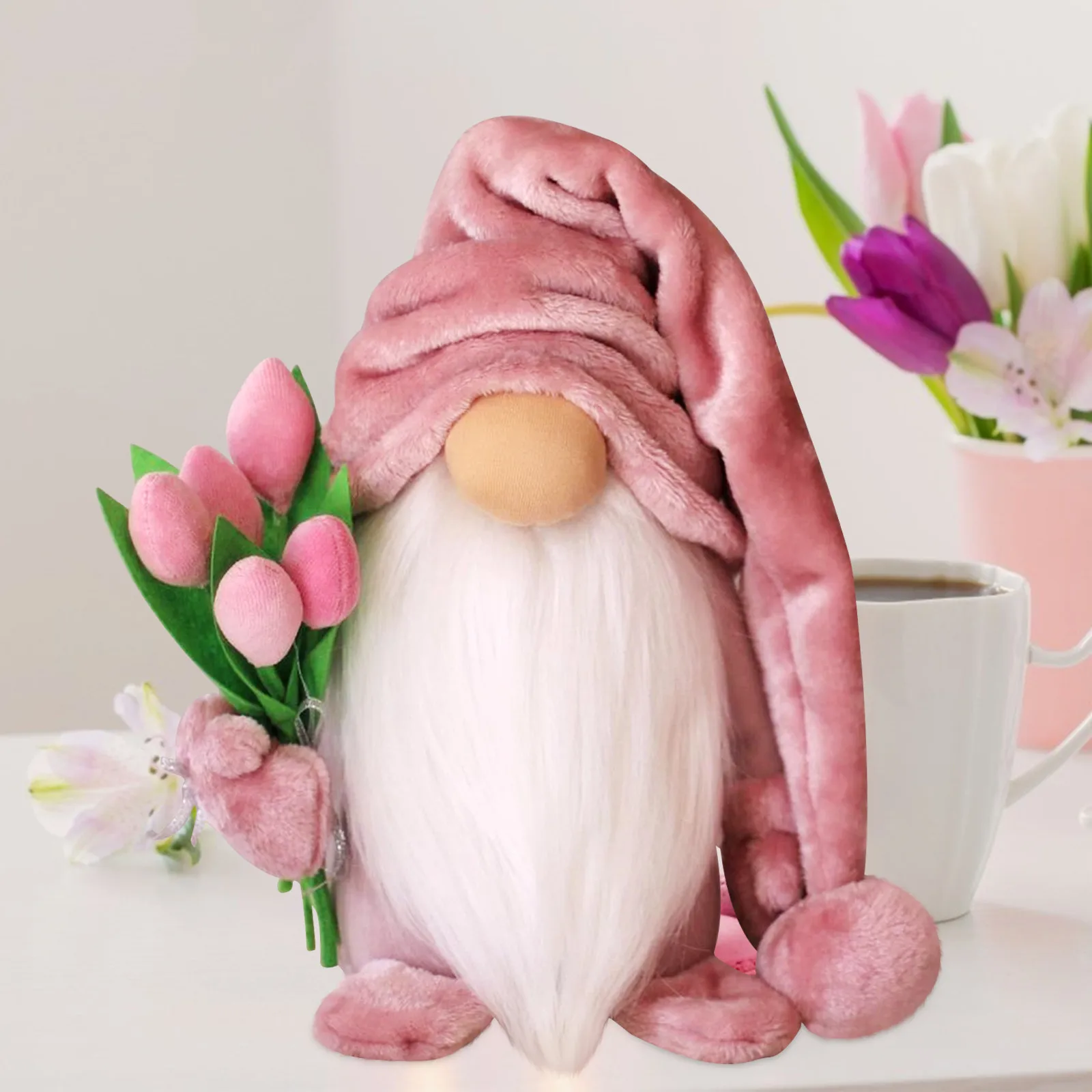 

Faceless Dwarf Doll Cute Desktop Decoration Happy Mother's Day Figurines Ornament Holding Tulip Gnome Home Standing Post