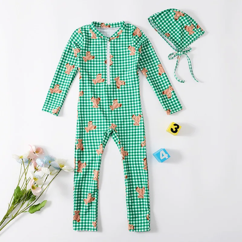 Детские купальники для девочек купальник в клетку с мультяшным медведем и шапкой