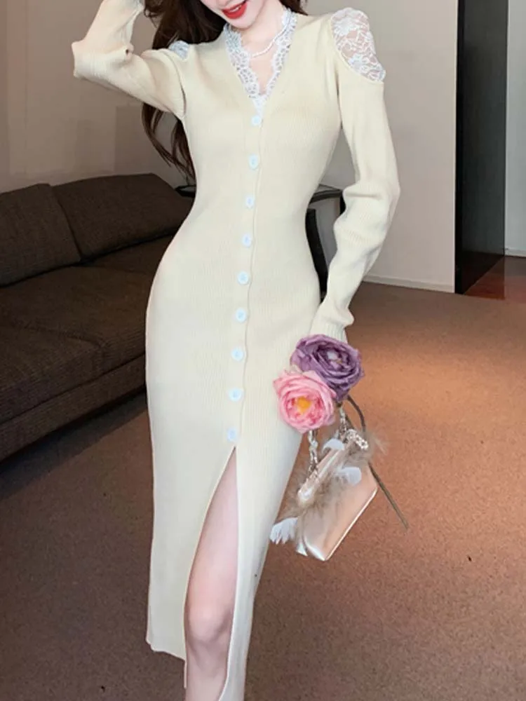 

Женское трикотажное платье с V-образным вырезом, кружевное комбинированное привлекательное мешковатое платье, Новинка осени 2022, модная женская одежда