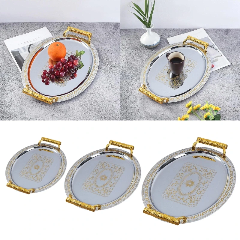 Luxury Stainless Steel Storage Tray with Handle Cosmetic Jewelry Display Plate Hotel Restaurant Serving Dish Gold Silver