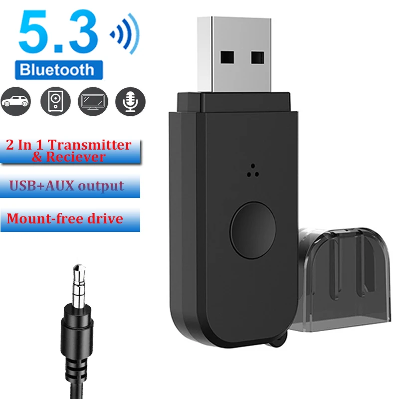 

USB Bluetooth 5.3 Adapter Transmitter 2 in 1 Bluetooth Adapter 3.5mm Jack Music Audio Aux Headphone Reciever For Car PC TV