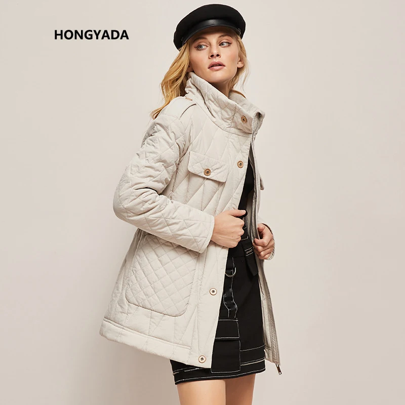 2022 Autumn and Winter New Retro Fashion Rhombus Mid-Length Casual down Cotton Jacket Coat Women