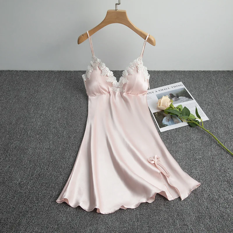 Silk Sleepwear Nighty for Ladies Satin Night Dress Sleeveless V-neck Nightgown Lace Trim Sling Chest Pad Thin Straps Sleepdress