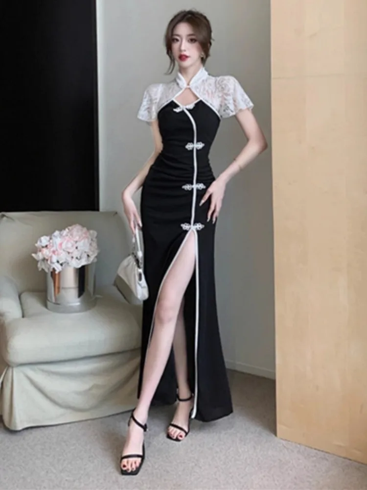 Ezgaga винтажные платья для женщин сексуальное кружевное лоскутное платье на