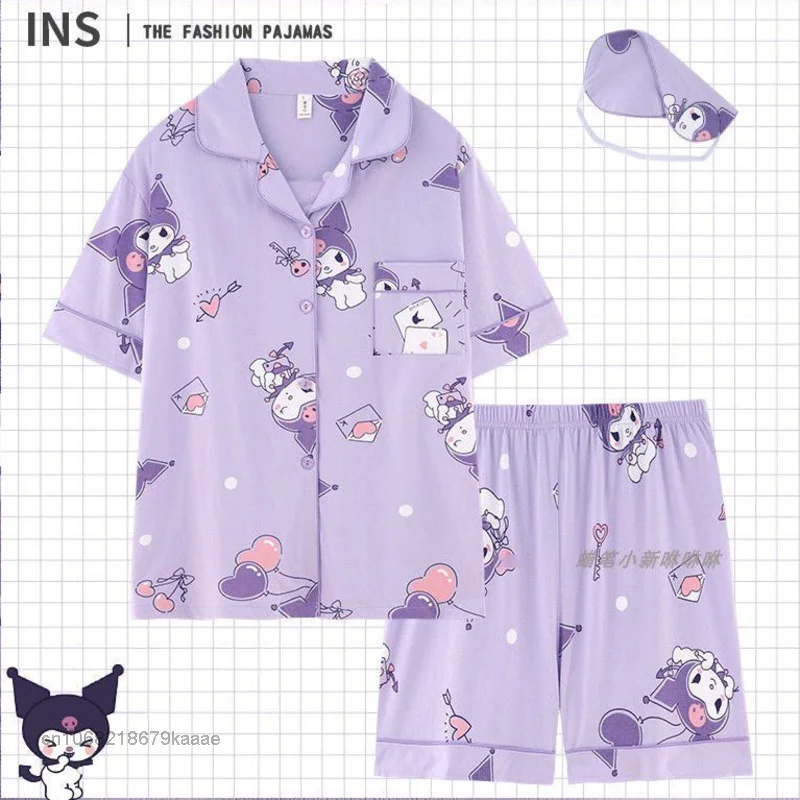 Sanrio Cartoon Kuromi Pajama Suit Summer Cotton Home Clothes 2 Piece Sets Women Top Shirts Shorts Y2k Pajamas Female Sleepwear
