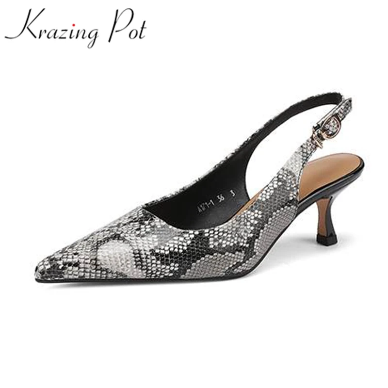 Krazing Pot genuine leather snake patterns big size 42 shallow thin high heels pointed toe summer colorful buckle straps pumps