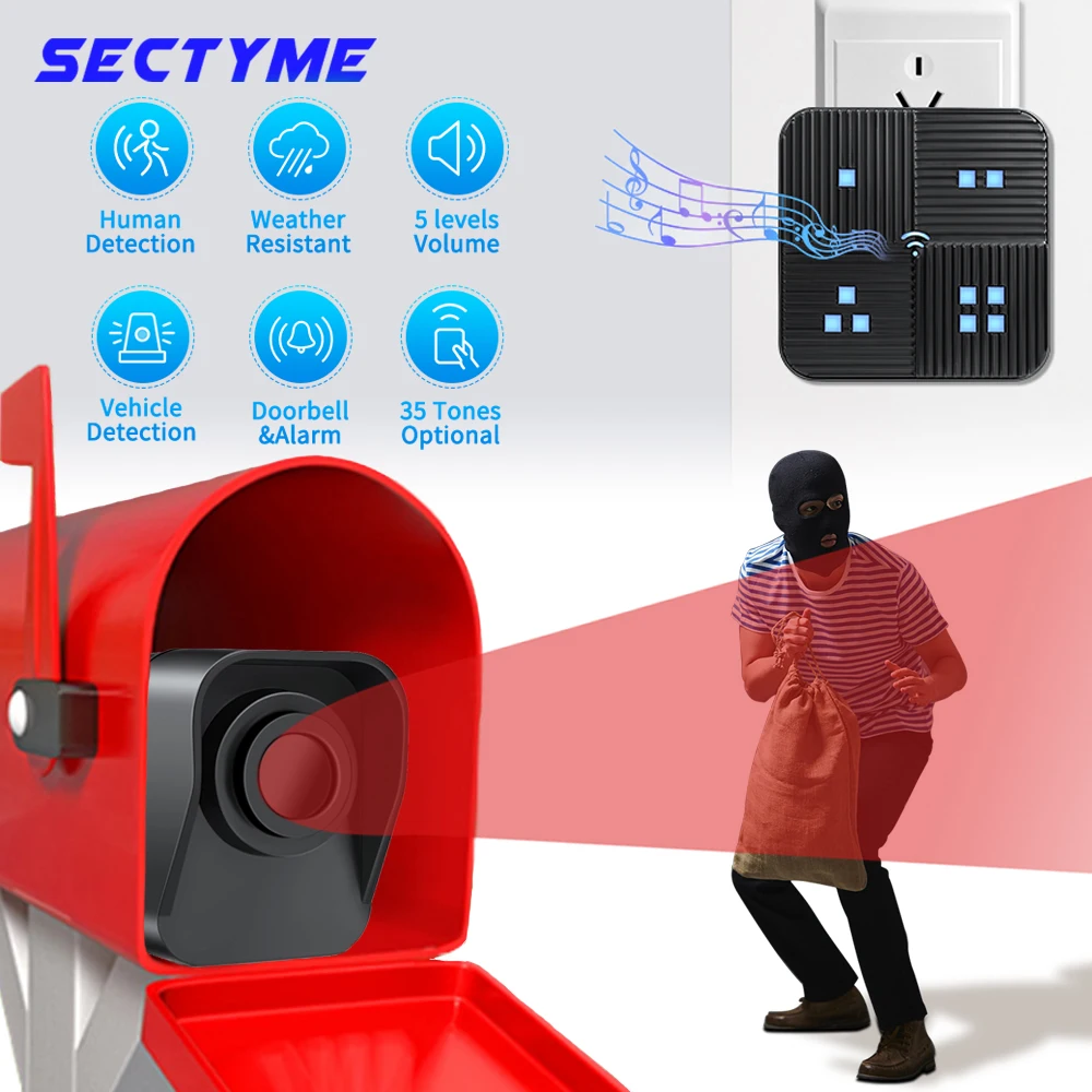 Sectyme Wireless Driveway Alarm PIR Motion Sensor Detector Indoor Garage Welcome Burglar Alarm Parcel Mailbox Anti-theft Alarm