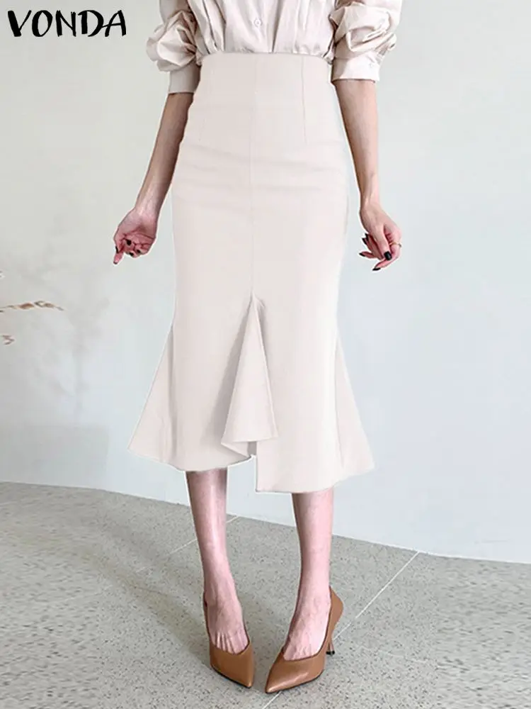 

Юбка VONDA Y2K Женская Длинная с завышенной талией, элегантная однотонная уличная одежда, вечерняя юбка оверсайз до середины икры с разрезом