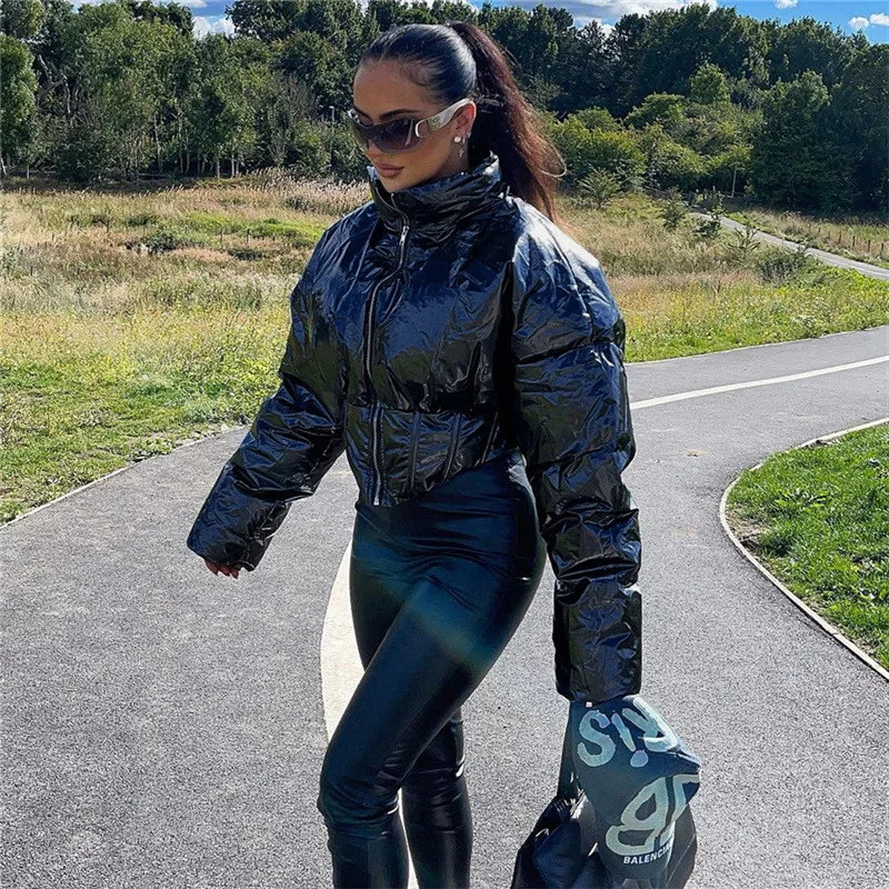 Sunny Warmth PU Bubble Coat Women Winter Casual Zip Turtleneck Quilted Skinny Wild Streetwear Cotton-Padded Puffer Parkas
