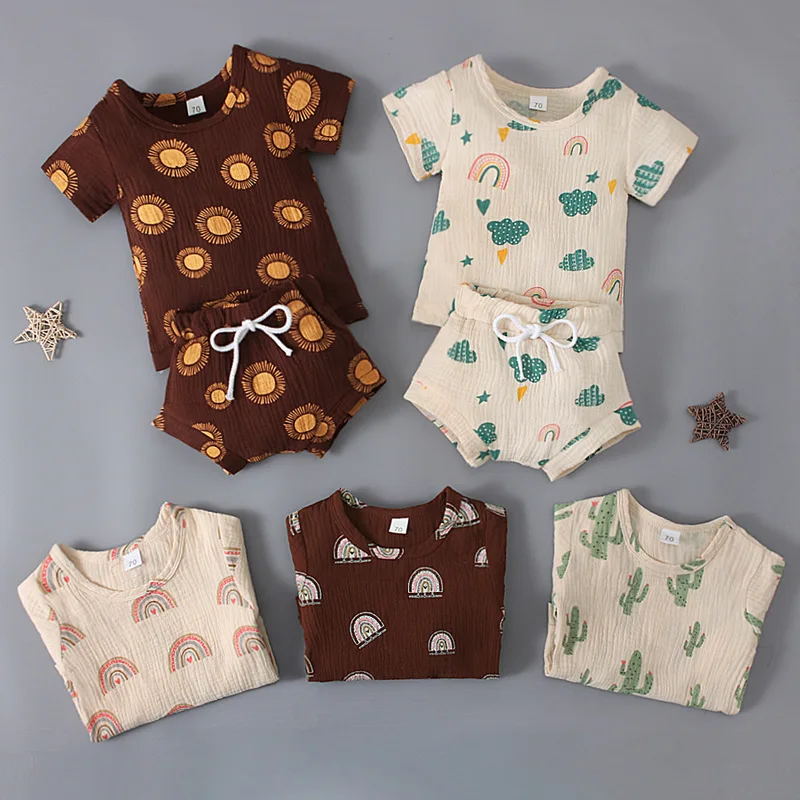 

Boys and girls summer short-sleeved rainbow cactus print vest top + shorts two-piece suit
