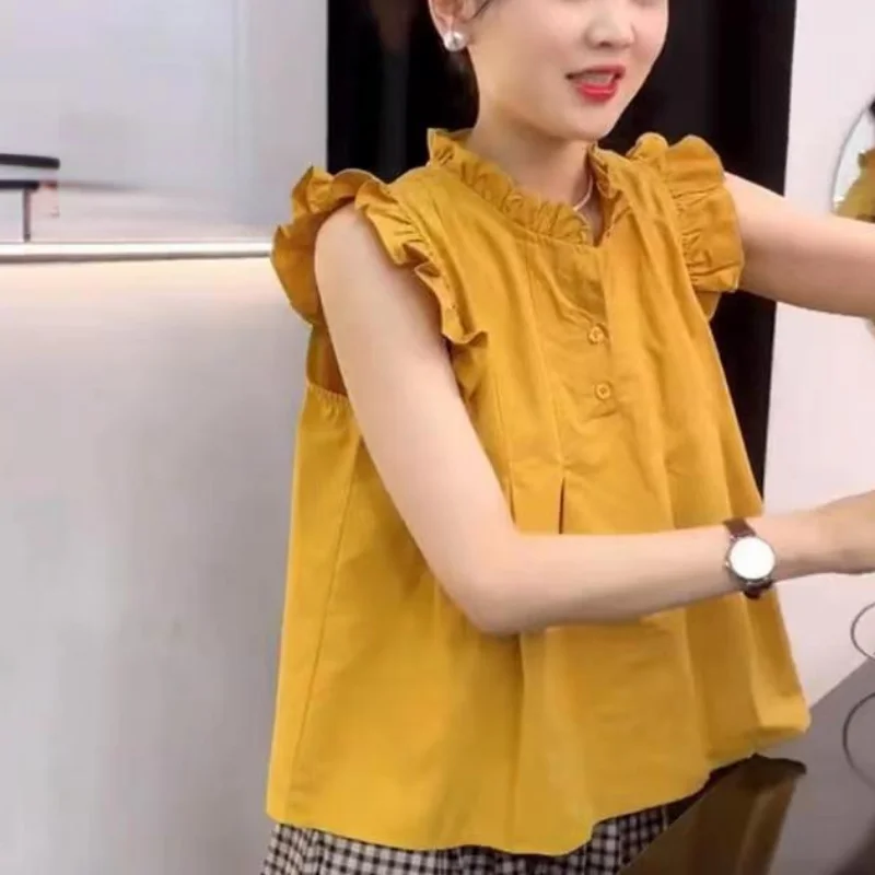 

2023 Summer Ruffled Shirt Women Blouse Tops French Sweet Flying Sleeve Shirt for Women Chic Top Design Blusas Elegant 27865