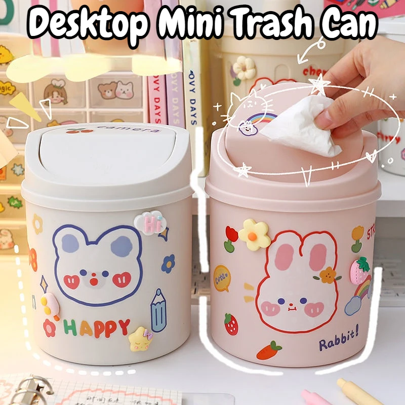 Desktop Mini Trash Can Organizer Kawaii Pencil Holder Cute Cartoon Student Desk Garbage Can Storage Bin with Lid Storage Box New