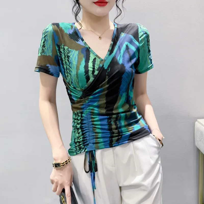 

#6448 Tie Dye Printed Mesh T Shirt Women Sexy Wrap T-shirt Femle Short Sleeve V-neck Streetwear Tshirt Drawstring Tight Short