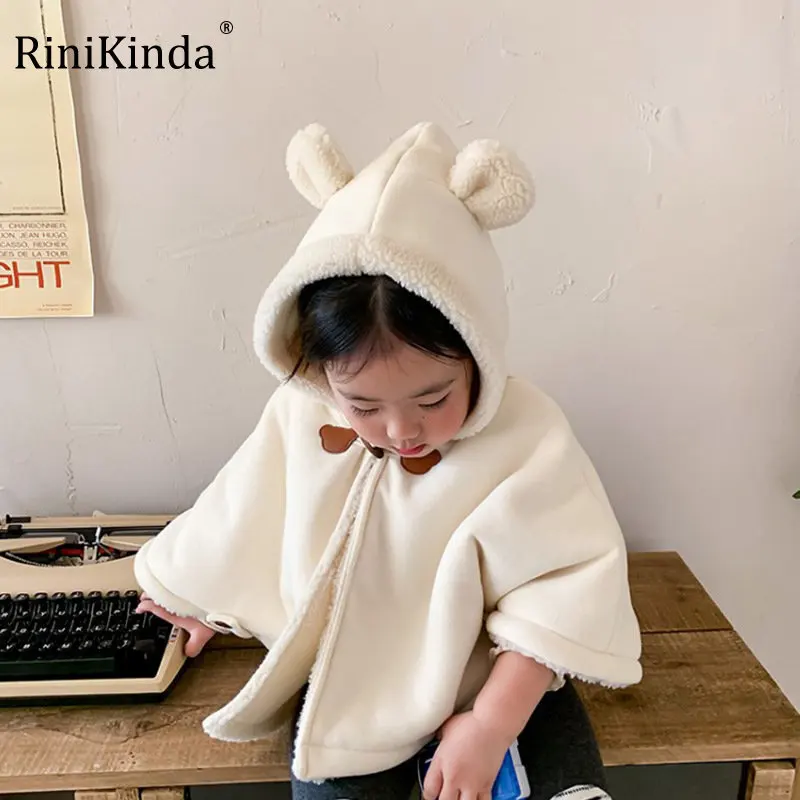 

RiniKinda Child Hooded Cape Collar Baby Outwear Top Warm Clothes Baby Girl Cloak Jacket 2022 Autumn Winter Infant Toddler