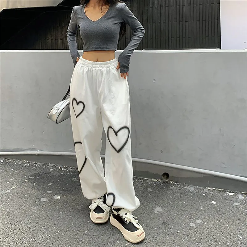 

Heart Printing Sweatpants Women Loose Straight Joggers High Waist Wide Leg Pants Oversize Streetwear Korean Y2k Hip Hop Trousers