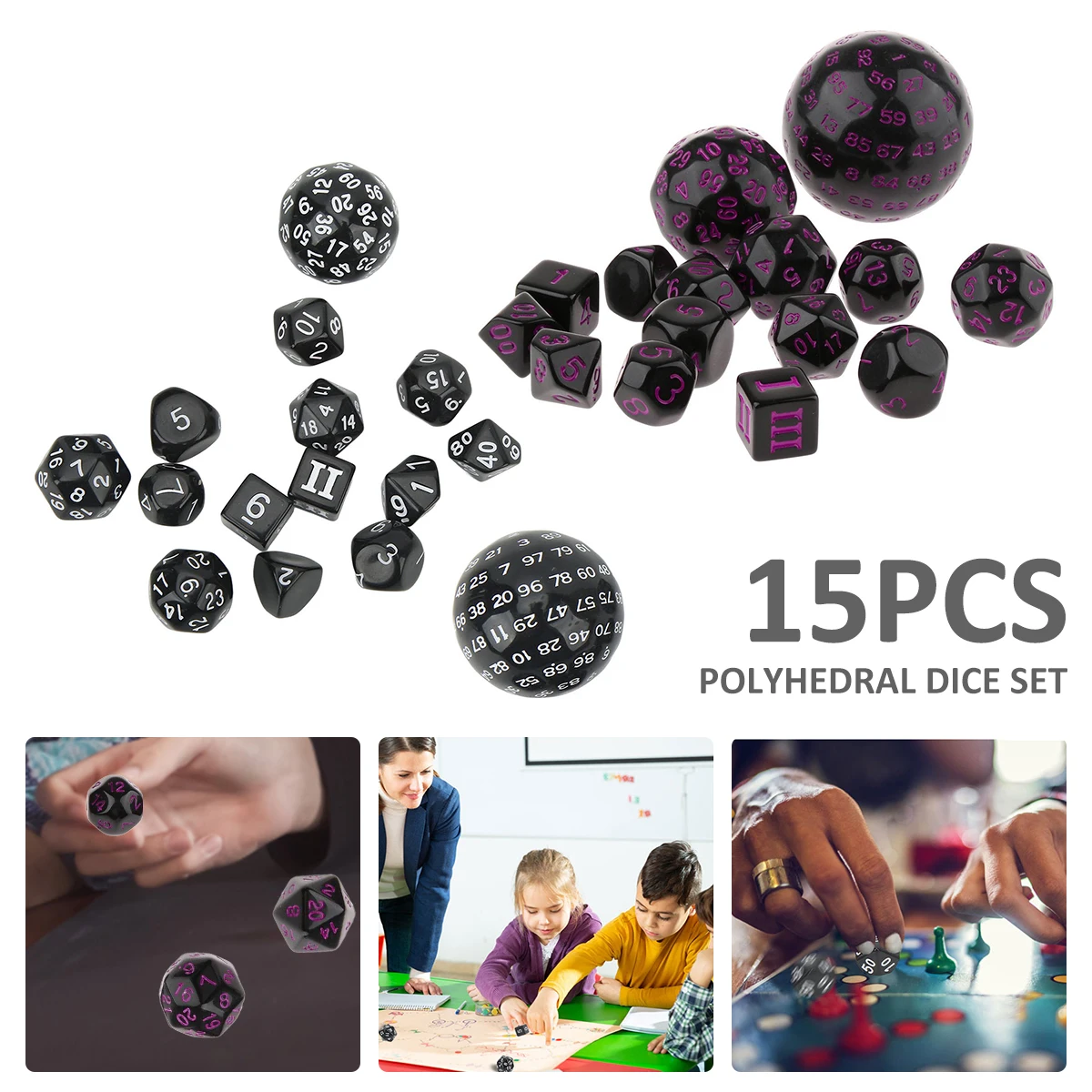 

15Pcs Polyhedral Dice Set D3-D100 Game Dice Set Decorative Purple Black Table Game Dice Portable Roleplaying Dice Kit Assortment