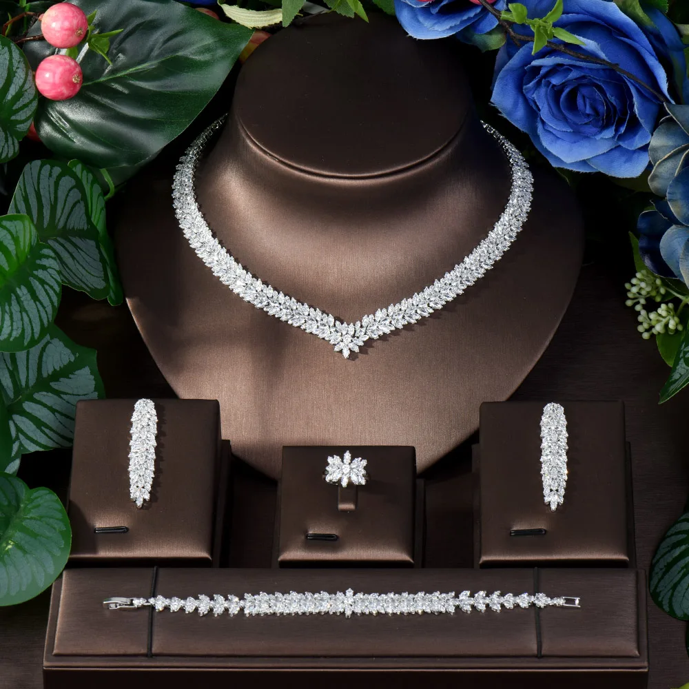 HIBRIDE африканский CZ Pave Leaf дизайн длинное ожерелье серьги свадебные комплекты