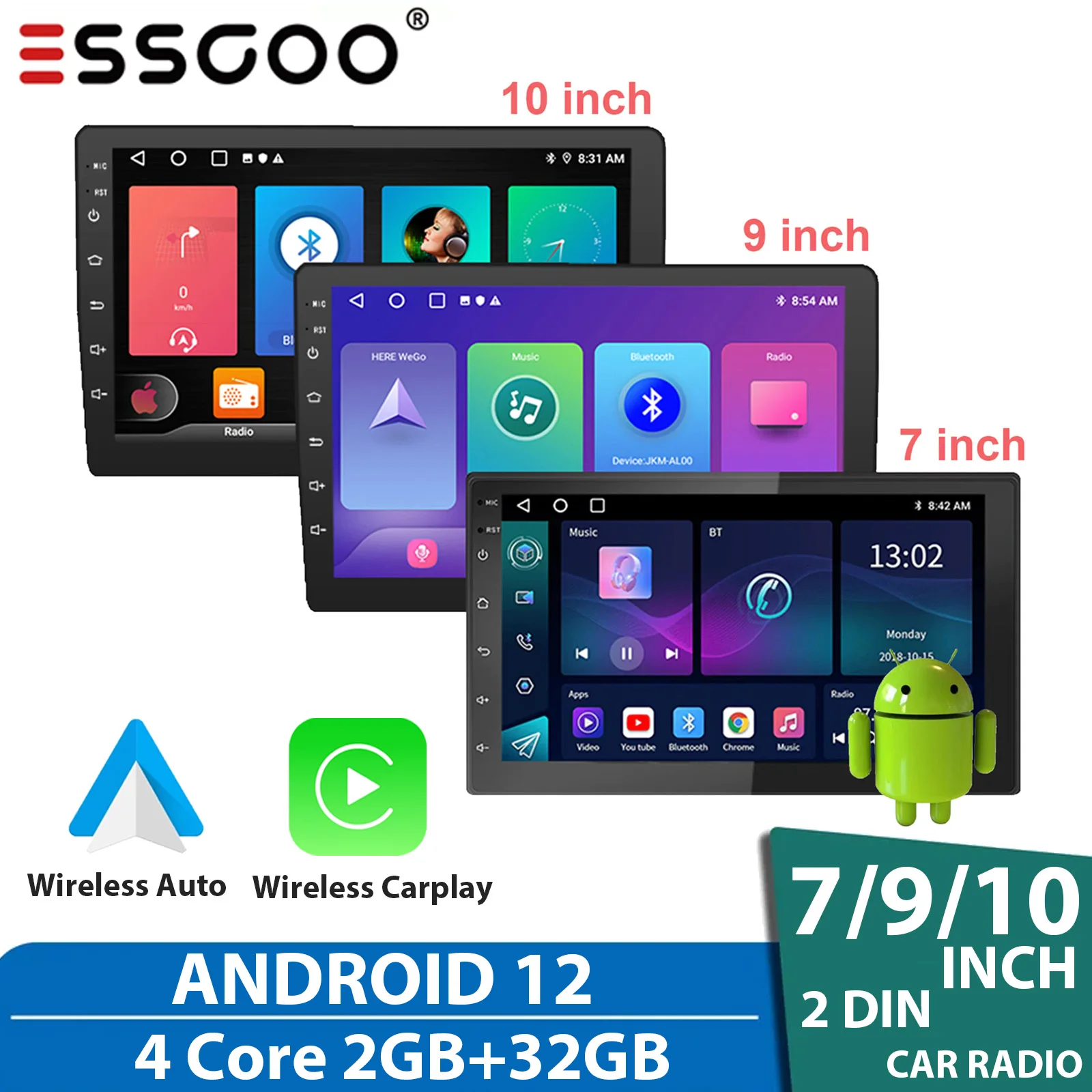 ESSGOO 2 Din Android 12 Car Radio 7"/9"/10" MP5 Player 2.5D Glass Screen Wireless Carplay Auto Wi-Fi GPS Car Stereo For VW KIA