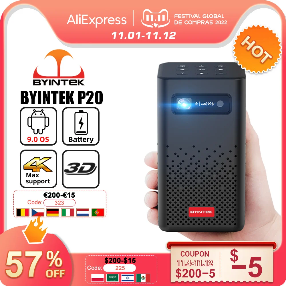 Tanie BYINTEK P20 Inteligentny Android Wifi LAsEr LED DLP Kino Domowe Przenośny Mini Projektor 3D 4K 1080P Projektor Dla Smartphone 4K Kino