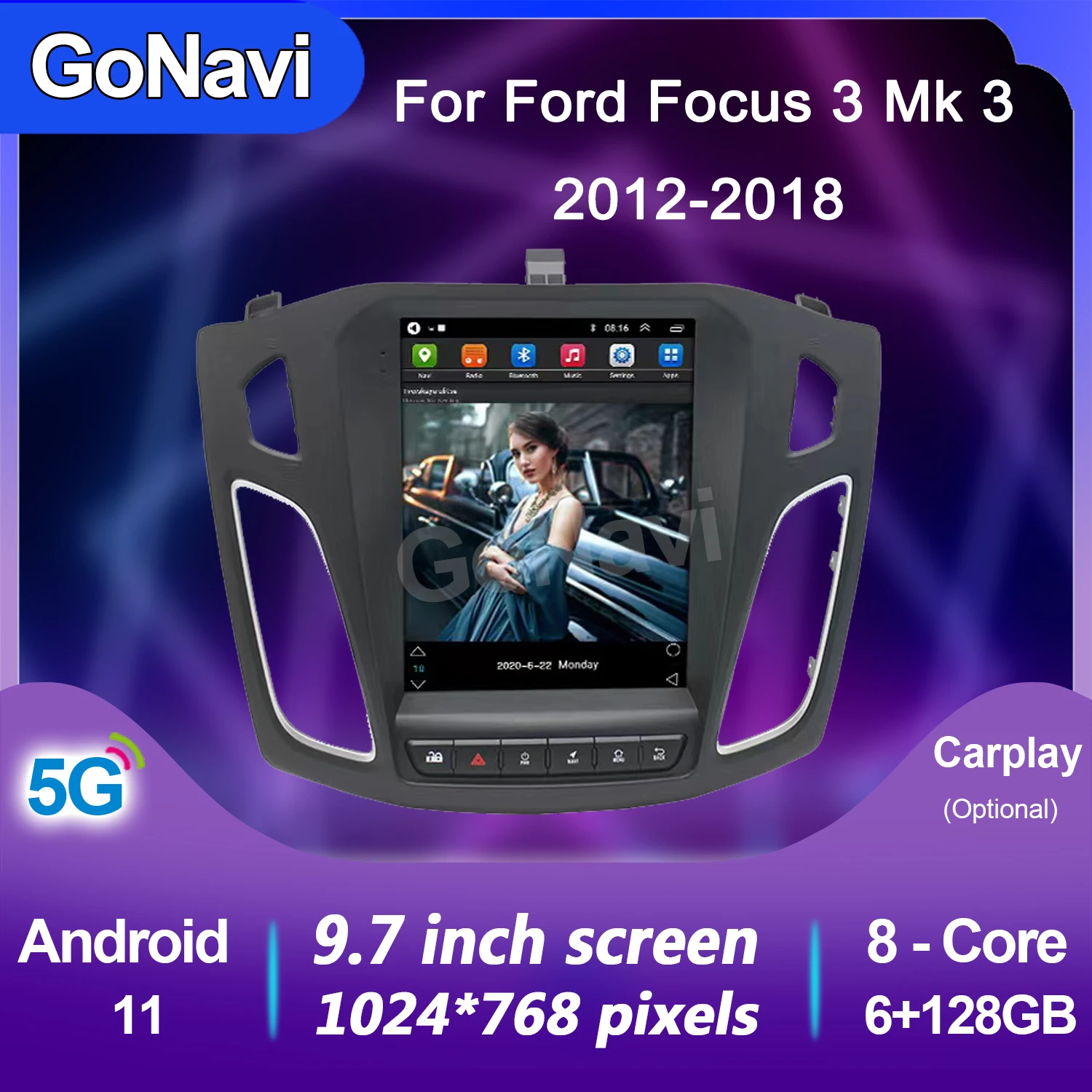 GoNavi Android 11 Car GPS For Ford Focus 3 Mk 3 2012 - 2018 Navigation Radio Stereo Multimedia Vertical Tesla Screen BT 2 DIN