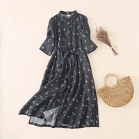 french style vintage shirt dress 2022 new turn down collar cotton linen women dresses single breasted lace up ladies vestidos