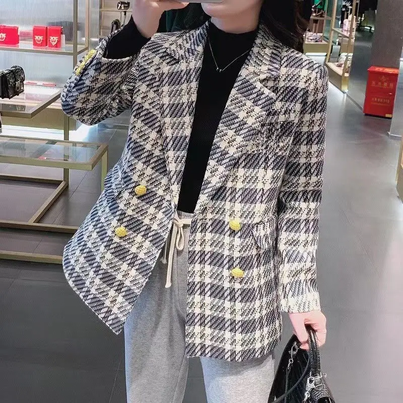 

Fashion Button Plaid Office Lady Jacket Women Autumn Spring White Black Long Sleeve Casual Female Clothes Outwear Tweed Blazer