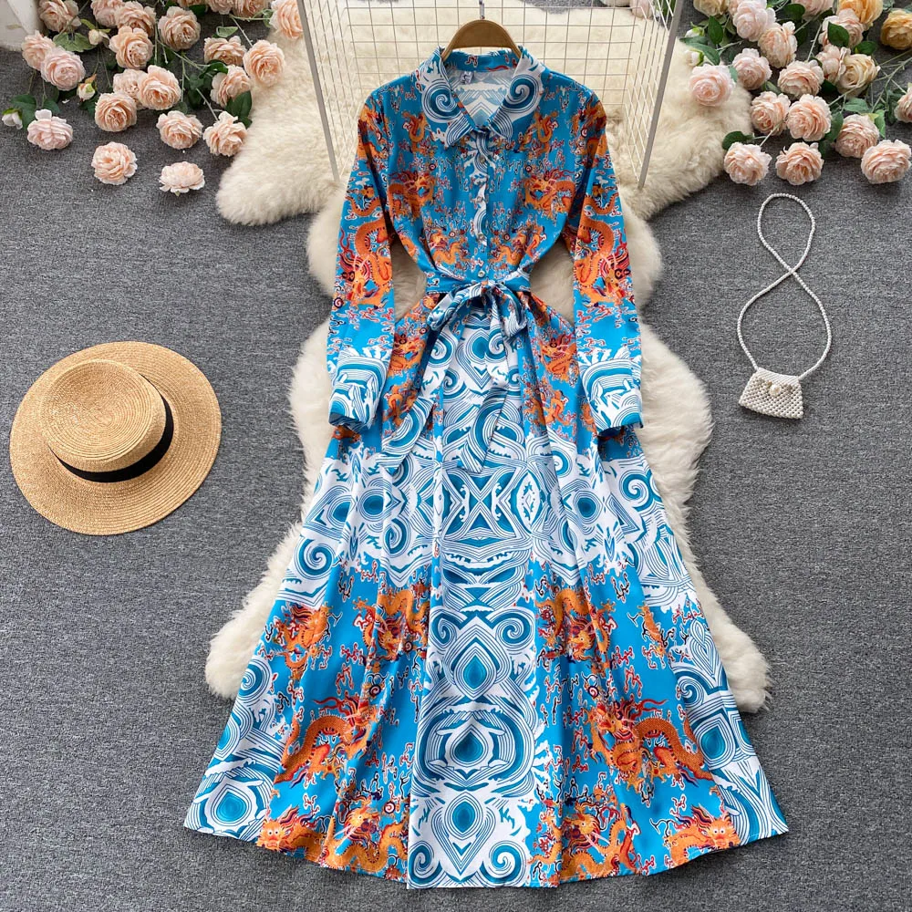 

VANOVICH Vintage Print Polo Neck Fashion Dress Lady Temperament Lace Waist Long Sleeve Large Swing A-LINE Ankle-Length Dress