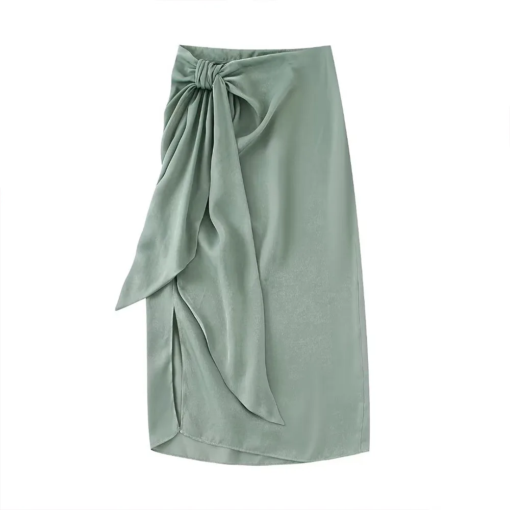 

DiYiG Women 2022 New Fashion Knotted Silk Satin Texture Skirt Retro Casual Slit Side Zipper High Waist Female Midi Skirt Muje