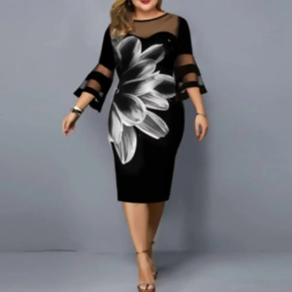 

Digital Print 3/4 Sleeve Women Dress Temperament Round Neck Bodycon Dress Stylish See Through Mid-Calf Formal Dress for Wedding