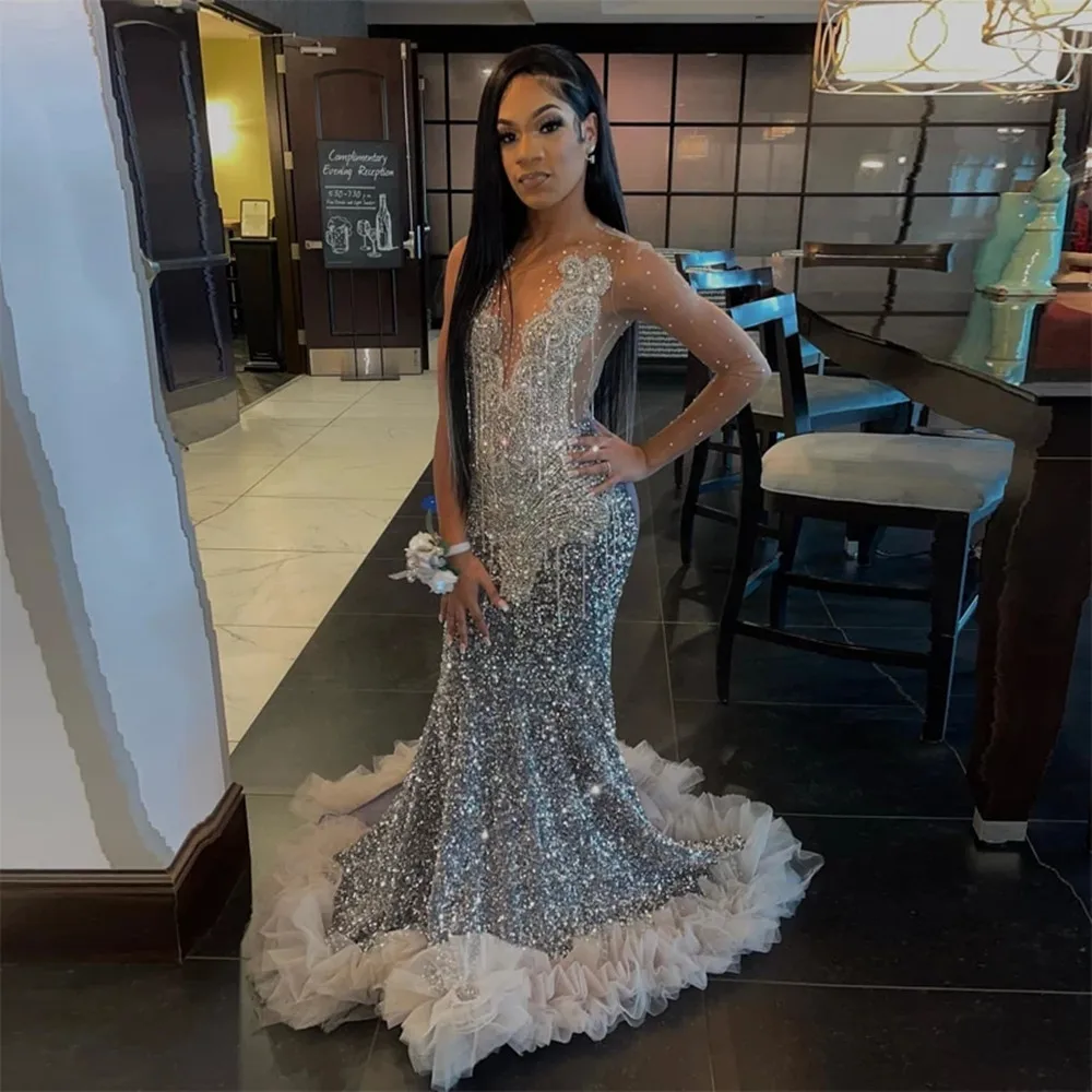

Уникальные блестящие Роскошные платья-русалки для выпускного вечера с длинными рукавами и блестками из черного тюля с оборками для девушек...